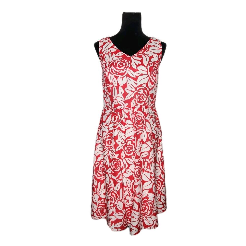 Talbots Silk Blend floral rose A Line midi Dress Red & white size 6 Euc